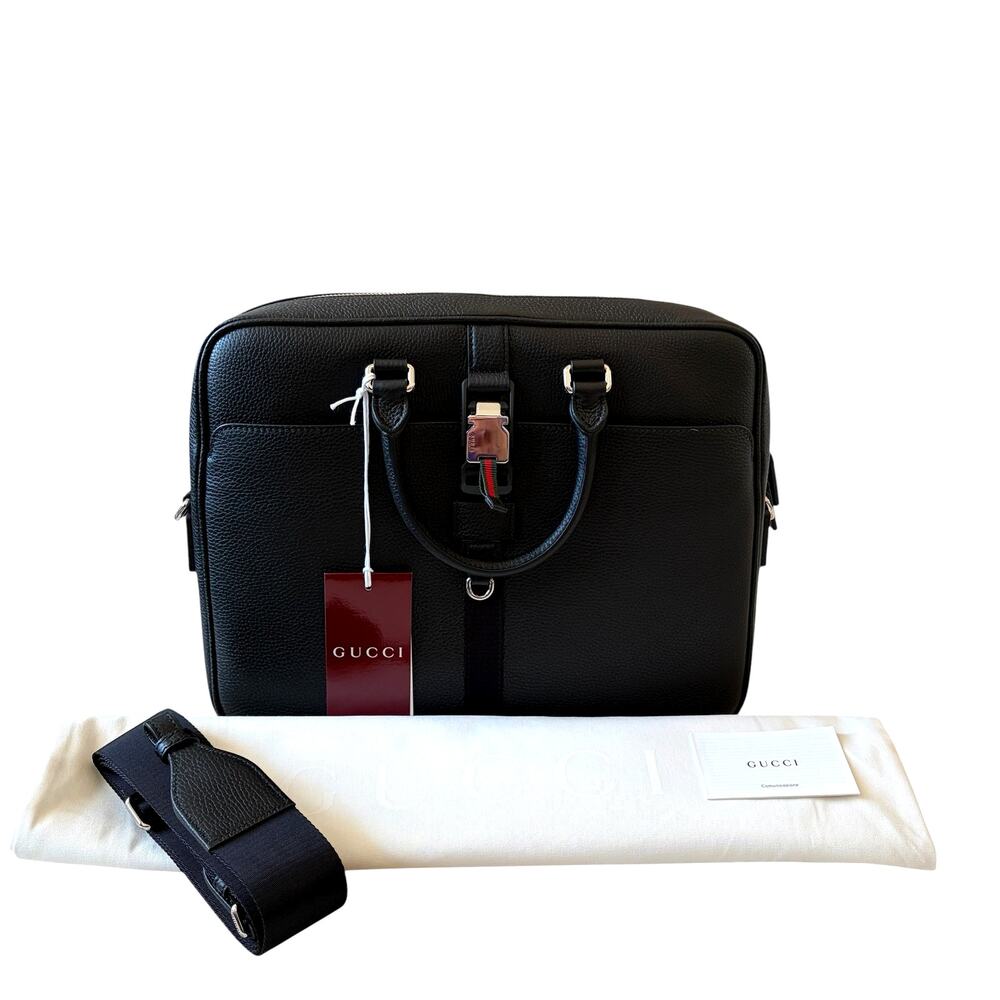 Gucci Medium Briefcase with Web Men's Black Full Grain Leather 816757 NWT - Picture 5 of 16
